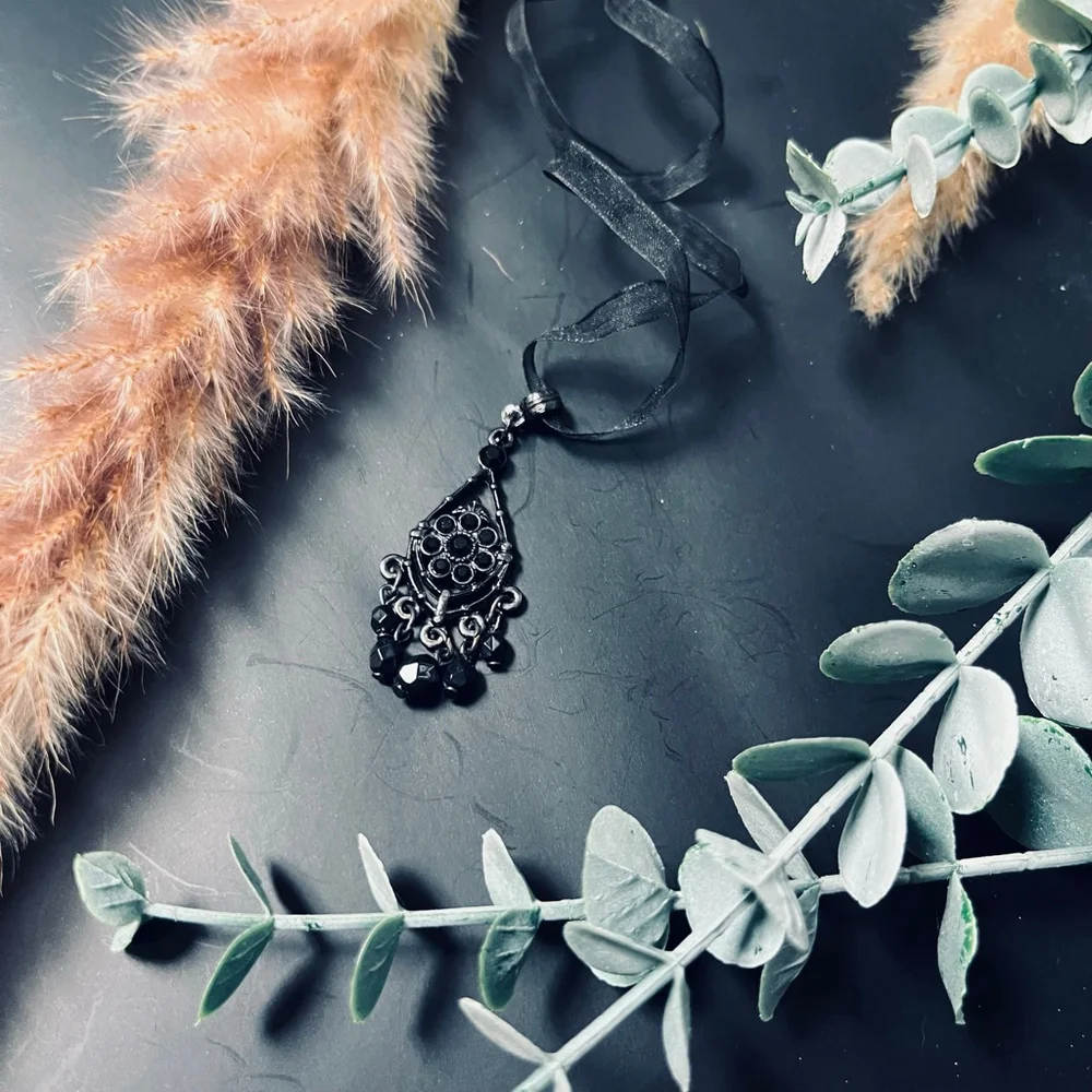 1928 Black Choker Necklace | Gothic Pendant Witchy | Vintage‎ Ribbon